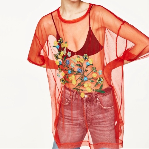 Large orange mesh blouse with yellow green and blue florals by Zara - Picture 4 of 4